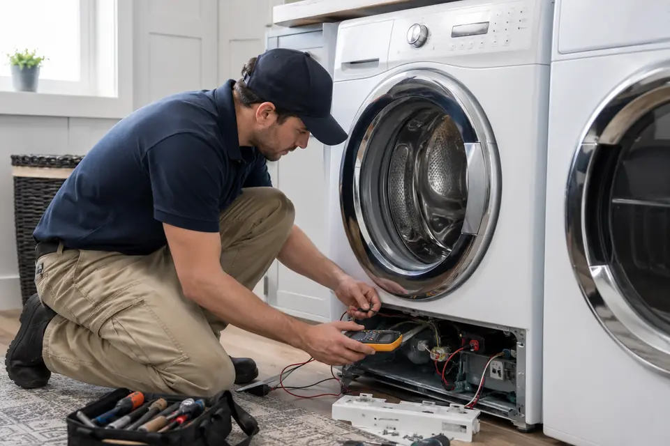 Technician diagnosing and repairing a residential washing machine
