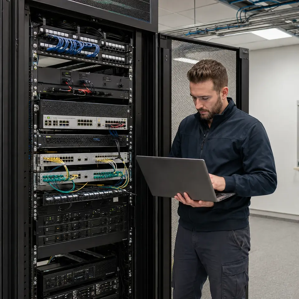 Network technician commissioning an organized infrastructure rack