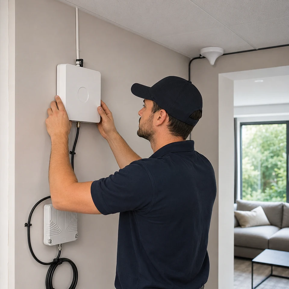 Technician installing a cell phone signal booster system