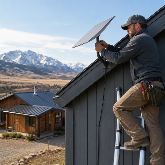 Technician mounting satellite internet equipment
